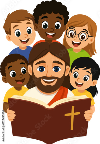 Jesus with kids reading the Bible