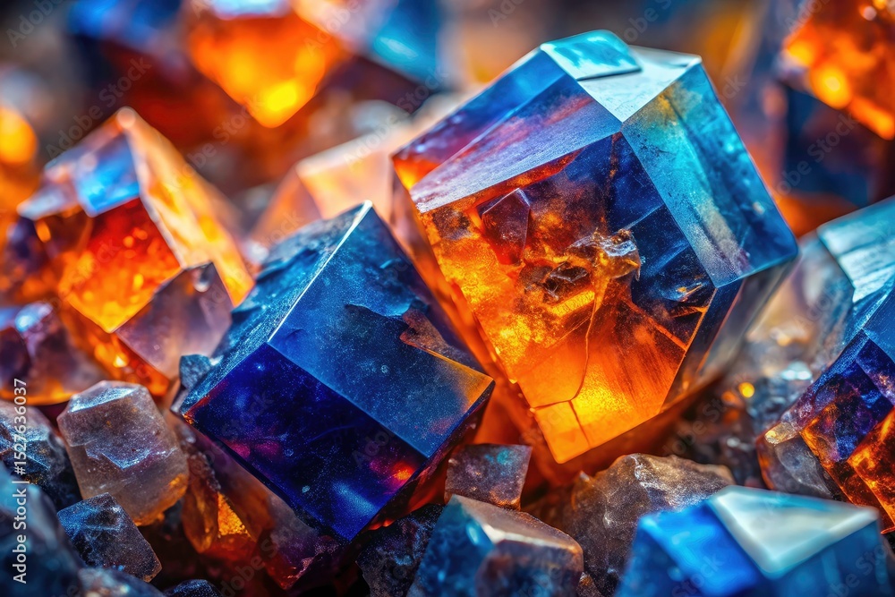 Close-up of blue-orange fluorite's gemstone texture reveals its captivating crystal structure, adhering to the rule of thirds. Close-up of blue-orange fluorite's gemstone texture reveals its captivating crystal structure, adhering to the rule of thirds.