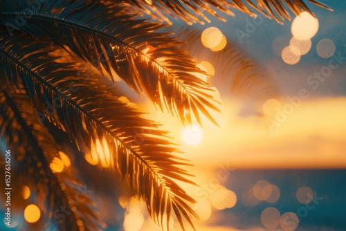 Golden Palm Leaves Silhouetted Against a Vibrant Sunset Over the Ocean.