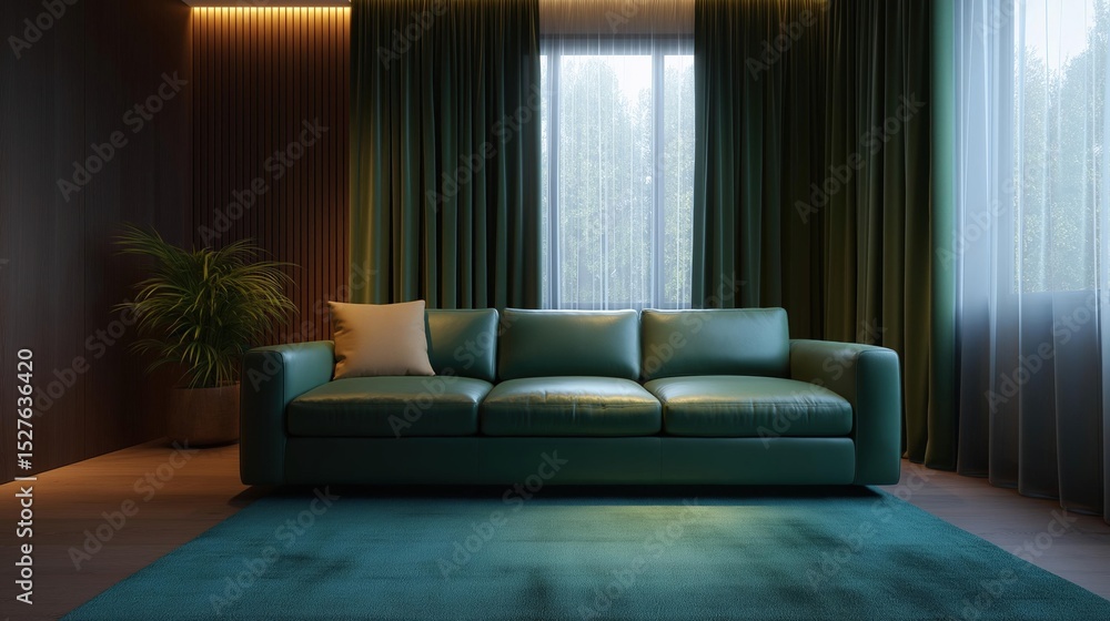 Modern living room with a large window on the right side. the window is covered with green curtains that are open, allowing natural light to enter the room. Modern living room with a large window on the right side. the window is covered with green curtains that are open, allowing natural light to enter the room.