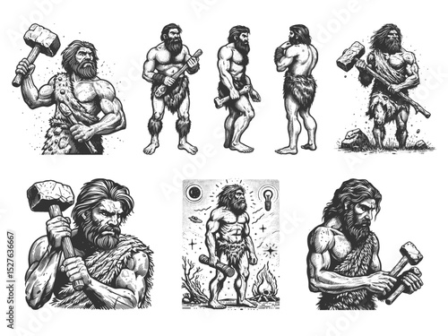 caveman Set collection bundle sketch engraving generative ai vector illustration. Scratch board imitation. Black and white image.