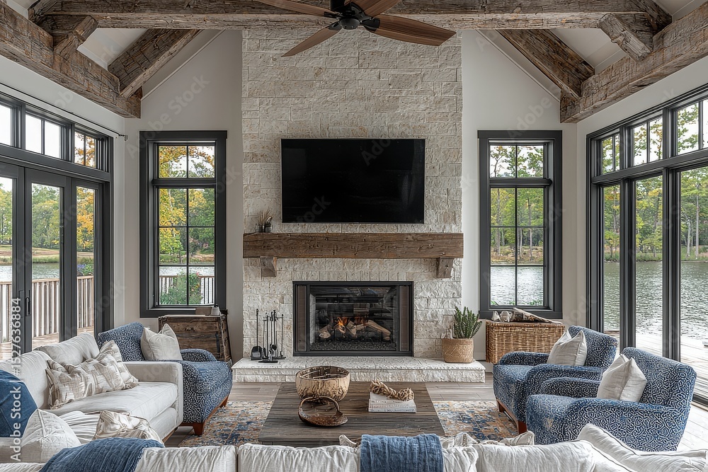 Fototapeta premium Modern family room with white oak stone fireplace, light blue and navy patterned armchairs, grey sofa, dark wood coffee table, rustic ceiling fan, and wall-mounted TV.