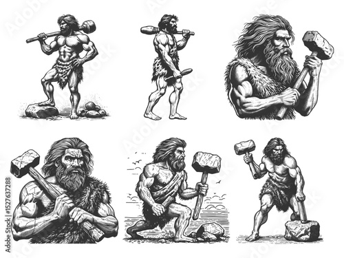 caveman Set collection bundle sketch engraving generative ai vector illustration. Scratch board imitation. Black and white image.