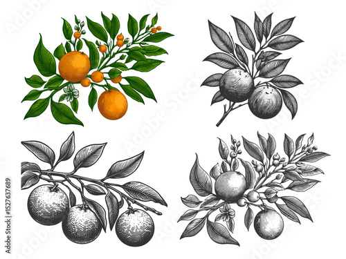 orange branch with fruit, leaves, and blossoms Set collection bundle sketch engraving generative ai vector illustration. Scratch board imitation. Black and white image.