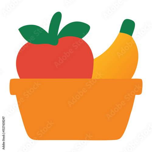 Orchard harvest bounty red apple and yellow banana in orange bowl. Suitable for food blogs, healthy eating concepts, and farmers market promotions.
