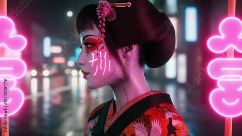 Cyberpunk Geisha with Neon Aesthetics: Futuristic Japan Concept Art in Digital Illustration