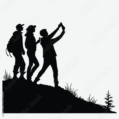 A group of friends taking a selfie on a hilltop silhouette design vector art and illustration