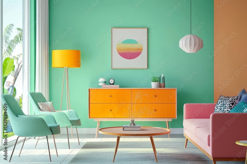 Obraz premium Stylish commode with an eye-catching lamp enhances the cheerful decor.