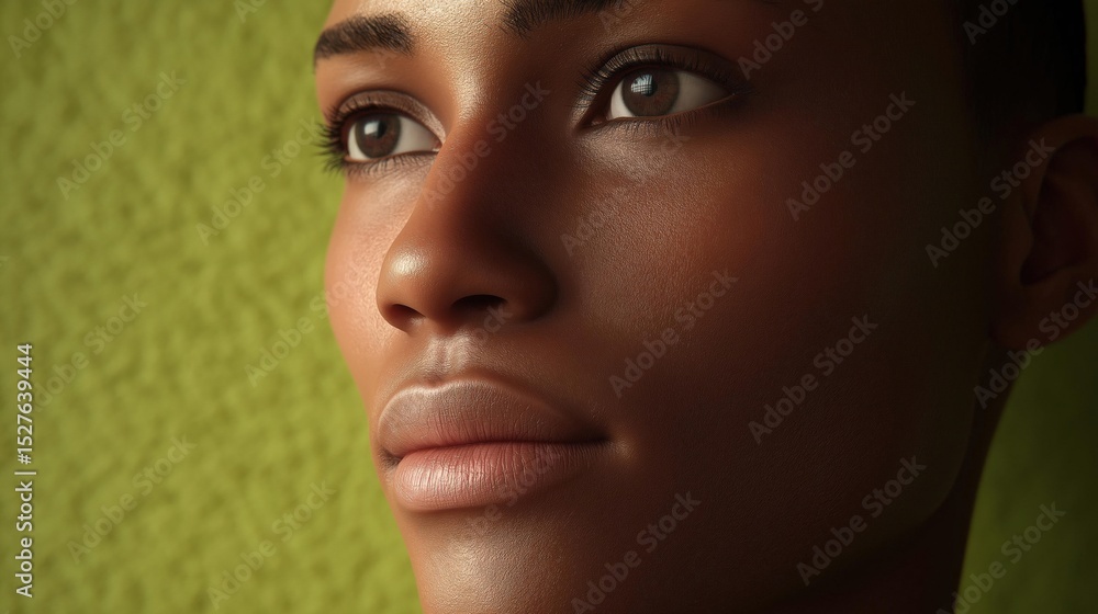 Close-up portrait of a young african-american woman's face. she is looking up towards the sky with a thoughtful expression on her face. her eyes are wide open and her eyebrows are slightly furrowed. Close-up portrait of a young african-american woman's face. she is looking up towards the sky with a thoughtful expression on her face. her eyes are wide open and her eyebrows are slightly furrowed.