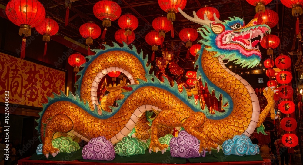 Fototapeta premium Large golden dragon with red lanterns