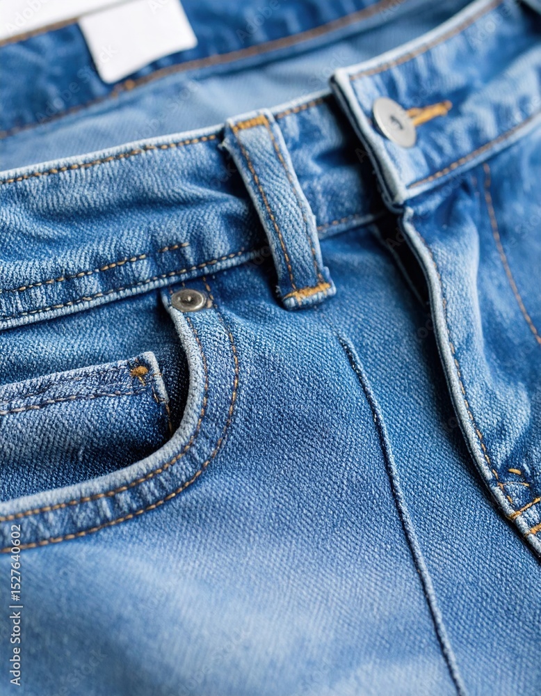 Fototapeta premium Close-up denim jeans texture with detailed stitching and button