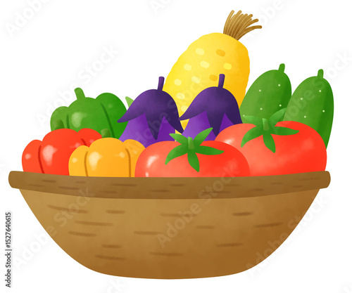 カゴに盛られた夏野菜のセットのイラスト
