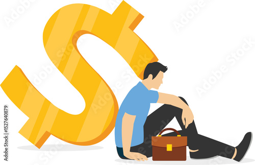 Unemployment, jobless causing financial problem, debt or bankruptcy office worker, no income to pay for mortgage or banking loan concept, depressed unemployed businessman sitting with big dollar money