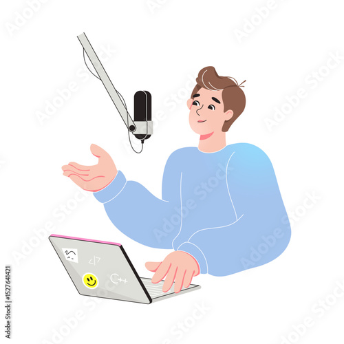 Male podcast host with laptop and mic