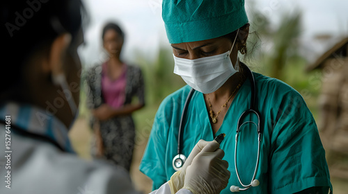 A healthcare worker in scrubs and a mask attends to a patient in a rural setting, emphasizing the importance of medical care in underserved communities.