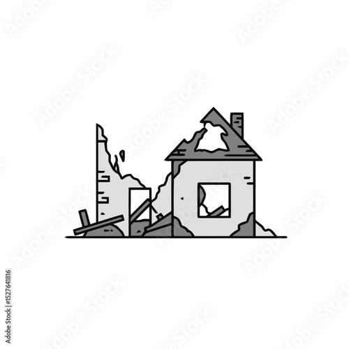 Damaged house with collapsed walls and debris in monochrome style  