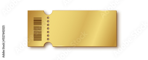Golden ticket template isolated on white. Blank VIP voucher, coupon, and discount stub for cinema, theater, concert or party. PNG