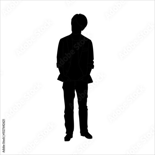 外で手をポケットに入れ、立って話を聞いている男性のシルエットイラスト