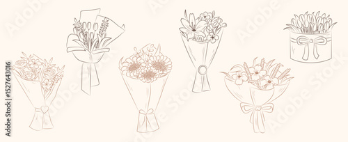 Hand drawn floral bouquet wrapped in festive packaging decorative floral composition sketch set