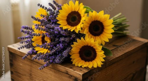 A bouquet of sunflowers and lavender rests on a wooden box