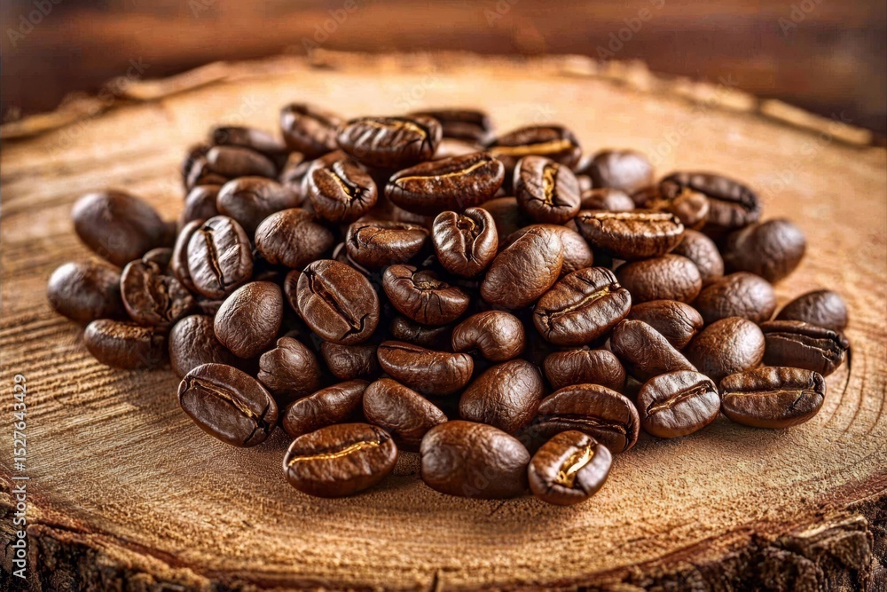 Naklejka premium Isolated coffee beans showcasing natural wood backdrop.