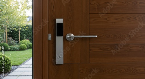 Modern wooden door with smart lock and handle.  Garden view