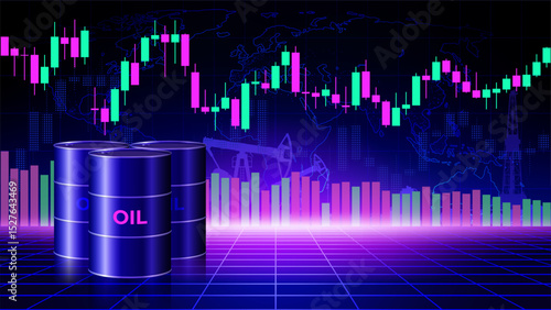 Oil price chart per barrel. Crude oil barrels on world map blue violet background. Stock market trading graph chart. Volatility analysis of energy markets. Influence of economic insiders. Vector