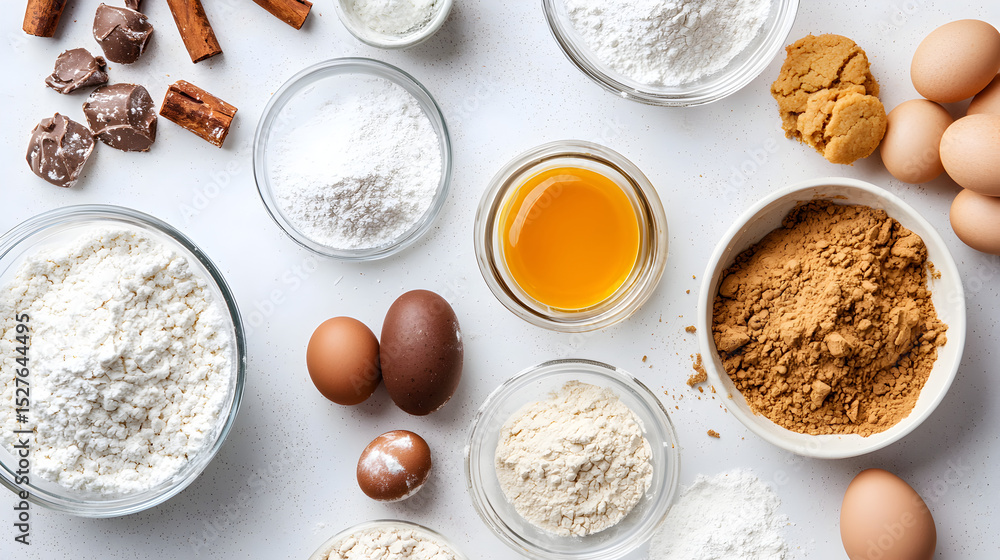 A flat lay of baking ingredients including flour, eggs, sugar, and chocolate, arranged stylishly on a white surface, perfect for recipe inspiration. A flat lay of baking ingredients including flour, eggs, sugar, and chocolate, arranged stylishly on a white surface, perfect for recipe inspiration.