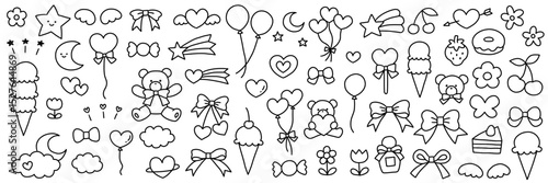 手書きのかわいいくまや風船などのベクターイラストセット。ゆめかわ、ハート、リボン、落書き
