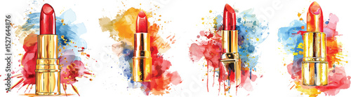 Red Lipstick Vector Illustration with Watercolor Background.