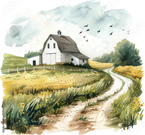 Farm Landscape Vector Illustration with Barn and Dirt Road