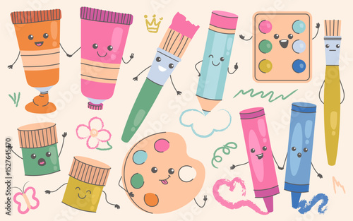 Cute art school supplies funky characters with happy cheerful emotions on faces education set