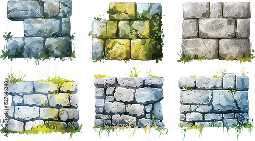 Stone Wall Vector Illustrations, Isolated on White Background