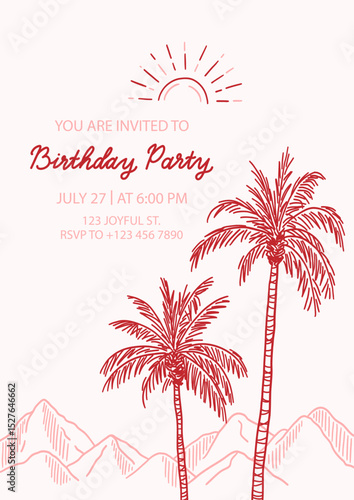 Party invitation template with sample text in natural boho tones. Hand drawn elements palm trees with leaves, mountains, sun. Concept inspired of Southern California. Summer beach chic vibe