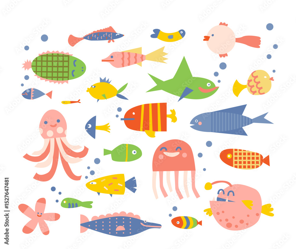 Cute ocean life colorful creatures underwater wildlife bright geometric shape drawings isolated set Cute ocean life colorful creatures underwater wildlife bright geometric shape drawings isolated set