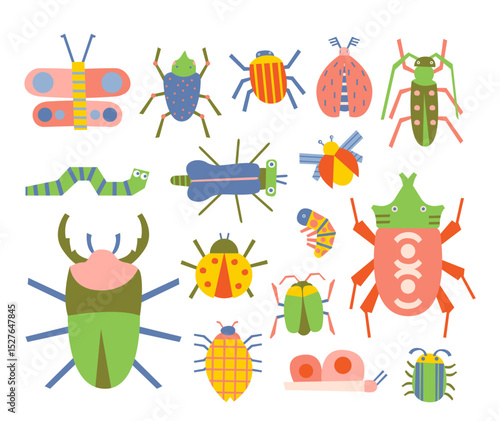 Colorful cute insects characters childish geometric shaped drawings isolated set on white background