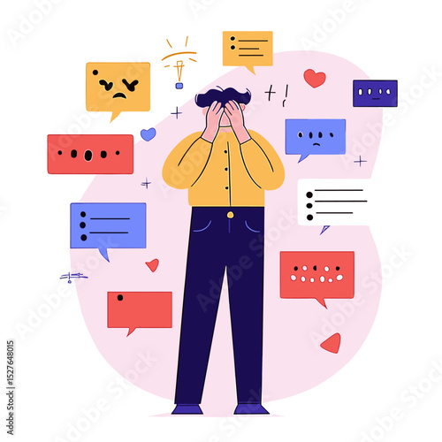 Overwhelmed by Online Information: A person is surrounded by a multitude of digital messages and notifications.