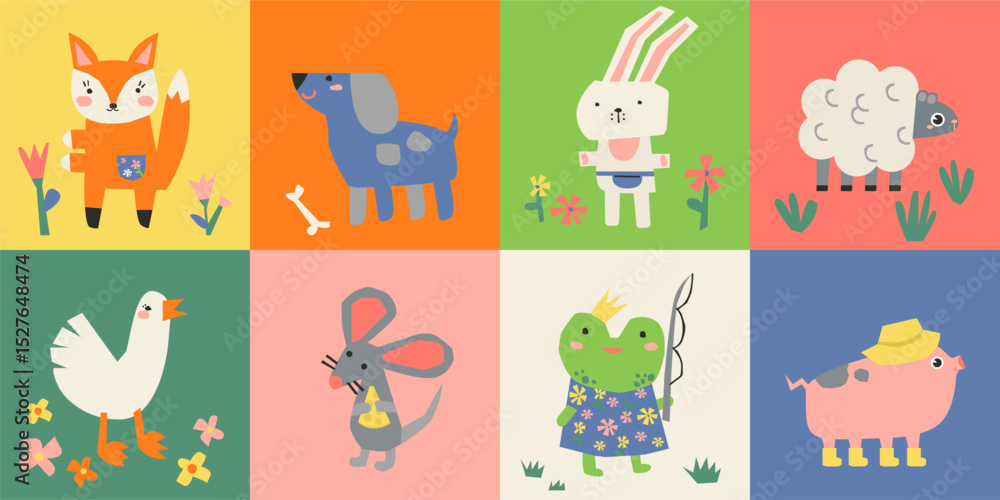 Fototapeta premium Farm pets and forest animals, cute birds paper cut style collection colorful mosaic backgrounds