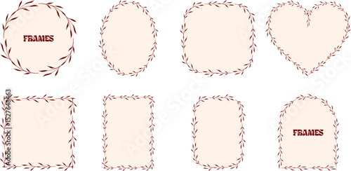 Red leaf border frames in various shapes, hand-drawn leaves
