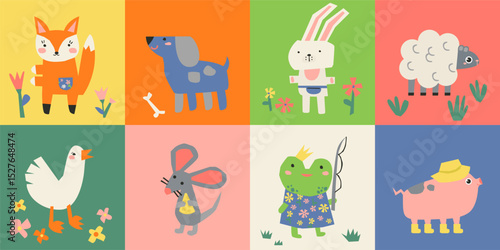 Farm pets and forest animals, cute birds paper cut style collection colorful mosaic backgrounds