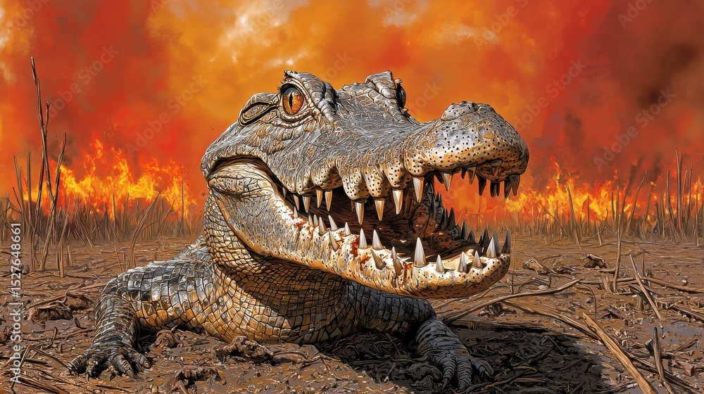 Fototapeta premium Alligator in Fiery Wildfire Scene