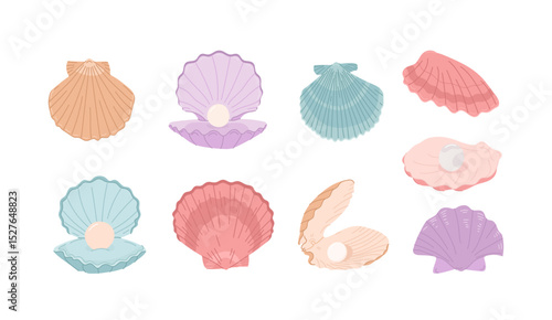 Oceanic closed and opened seashells with pearls gemstone inside isolated set in pastel color