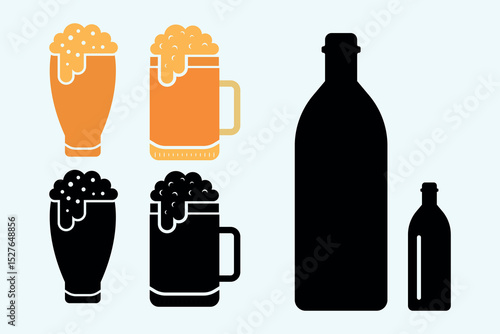 set of beer bottles and Beer glass  icon set. alcohol, brandy, martini, champagne, milk, Cocktail,  beer ,  beverage,  wine .   wine
