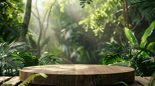 A wooden podium stands in a lush green jungle setting with tropical plants and sunlight creating a natural and inviting space for product display