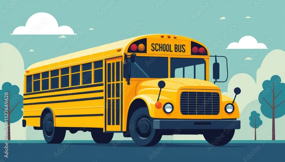 A bright yellow school bus parked on a road. Green trees and a blue sky with clouds are in the background. The scene represents education and transportation. A bright yellow school bus parked on a road. Green trees and a blue sky with clouds are in the background. The scene represents education and transportation.