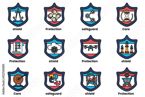 A set of shields with the words protection, shield, and care written on them