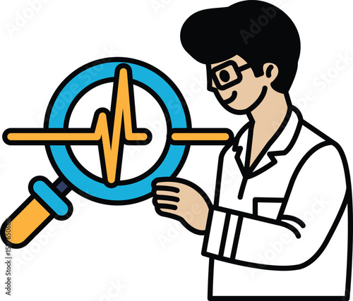 A man is holding a magnifying glass and looking at a heart
