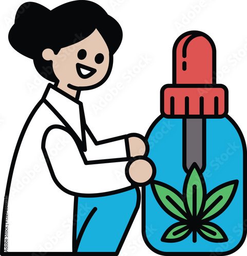 A woman in a white lab coat is holding a bottle of cannabis oil