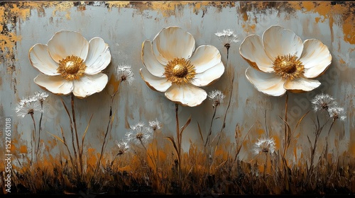 Wallpaper Mural Three white flowers in a textured, artistic landscape Torontodigital.ca