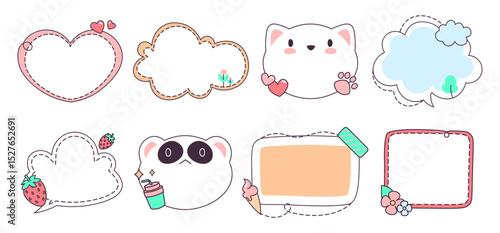 Cute frames with animals faces, funny speech bubbles, childish stitched chat boxes isolated set
